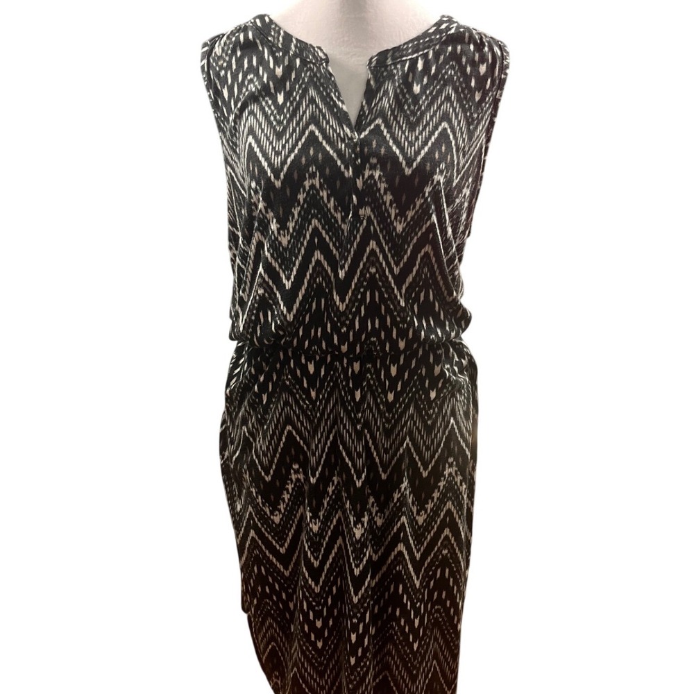 ❤️ Sonoma Life Style Womens 1X Black White Ikat Chevron Sleeveless Midi Dress
